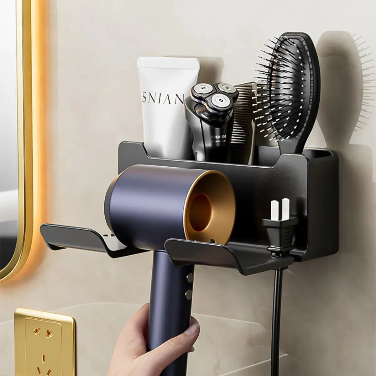 Wall-Mounted Hair Dryer Holder β Bathroom Organizer Rack with Cord Storage | Hair Tool Bracket for Dyson & Standard Dryers